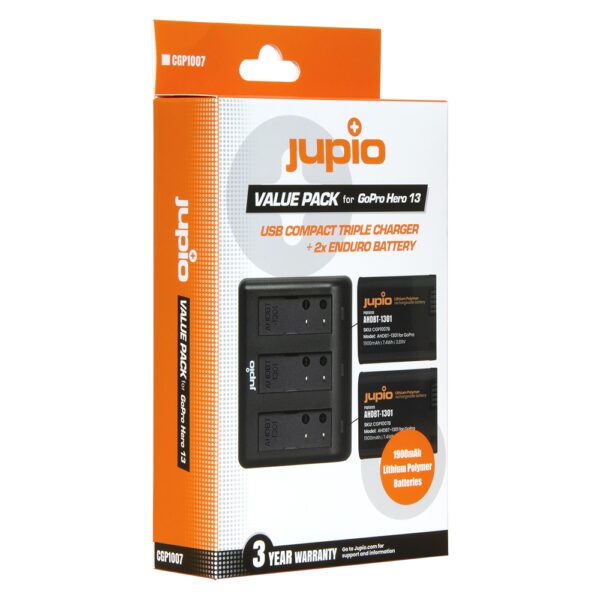 Jupio CGP1007 (GoPro  Jupio Value Pack: 2x Enduro Battery GoPro HERO 13 - AHDBT-1301 / CPSS1B 1900mAh + Compact USB Triple Charger)