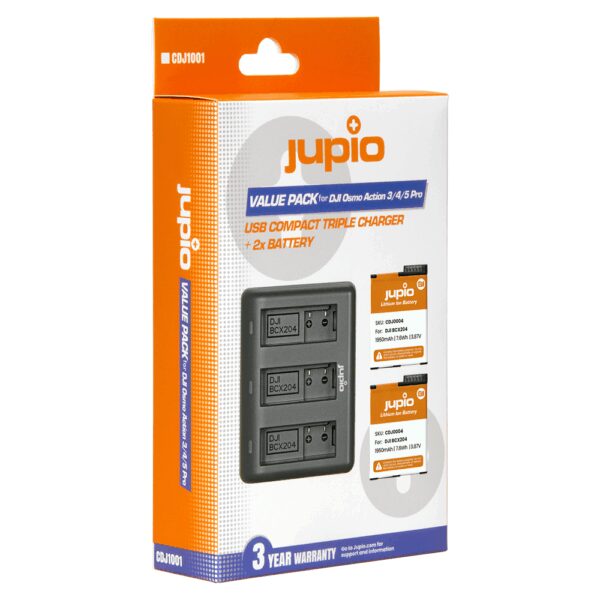 Jupio CDJ1001 (DJI  Jupio Value Pack: 2x Battery DJI Osmo Action 3/4/5 Pro 1950mAh + Compact USB Triple Charger)