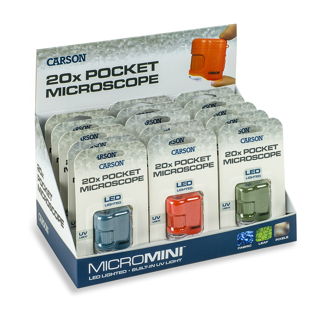 Carson Zakmicroscoop MicroMini 20x met UV en LED, 15 stuks Display - Afbeelding 3